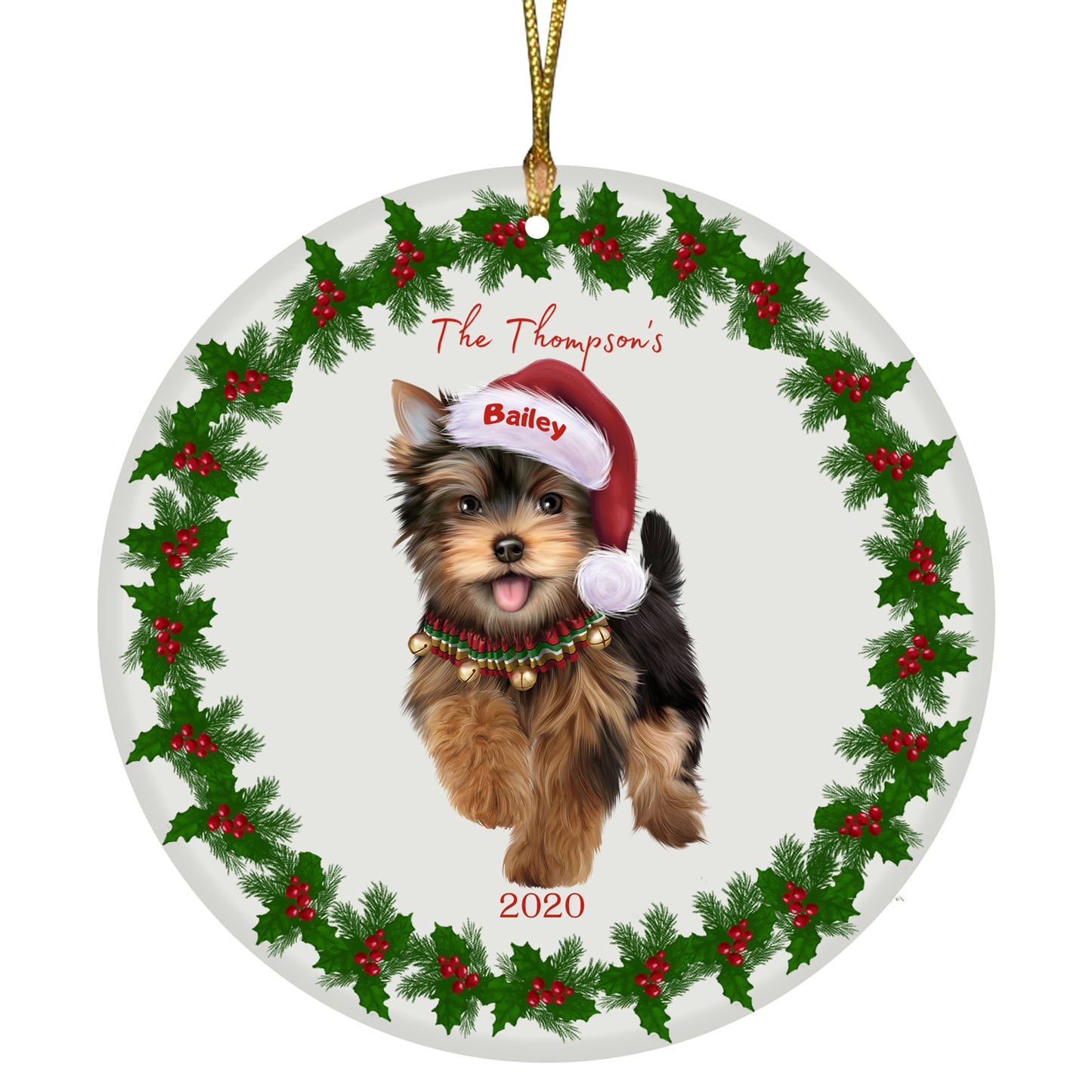 Personalized Holly Berry Trimming Yorkshire Terrier Dog Ceramic Round Flat Christmas Tree Ornament RFPOR48387